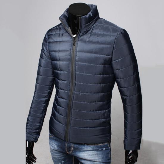 Pockets Zipper Closure Men Coat Autumn Winter Solid Color Stand Collar Puffer Jacket Outerwear