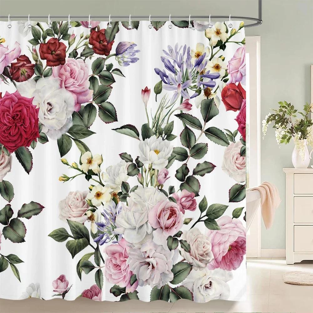 Elegant Floral Flowers Retro Rose Shower Curtain Polyester Bath Curtain Bathroom Decor Washable With Hook