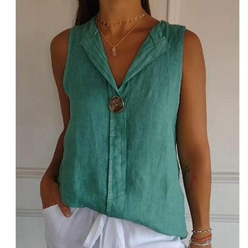 Women's Fake Cardigan Blouse V-neck Cotton Linen Sleeveless Casual Shirt