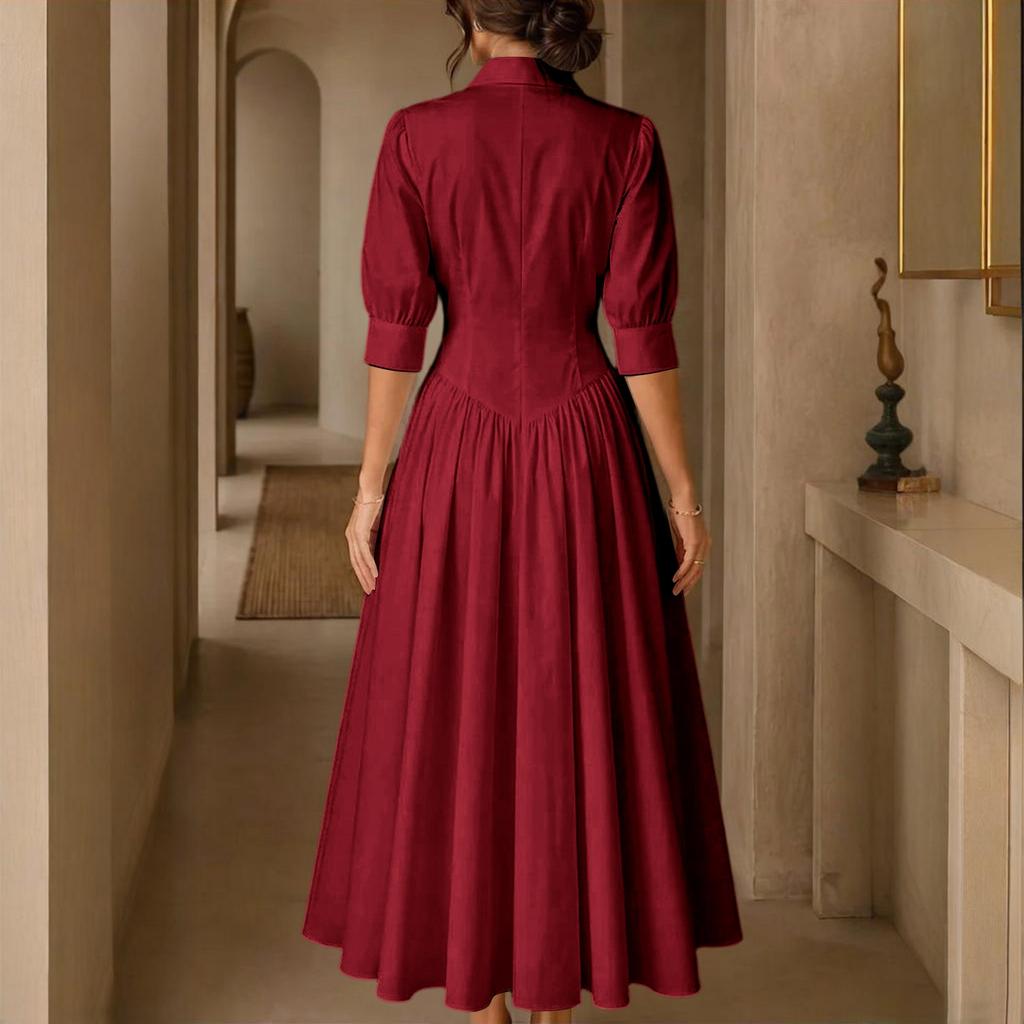 Dames Elegante Knopen Voorkant Hoge Taille Katoen Linnen Jurk met Zakken, Kleur, Casual Zomer Midi Jurk