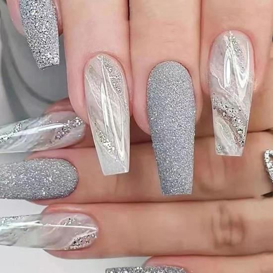 1 Set Long Fake Nails Shiny Visual Effect Non-Irritating Harmless Removable Marble Pattern Decorative Plastic Full Cover Press on Fake Nails Manicure