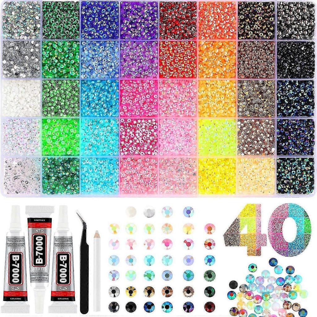 Strass steentjes voor Knutselen 40 Kleuren 3 mm Platte Achterkant Edelstenen Set met Lijm en Gereedschap voor Bedazzling Kit