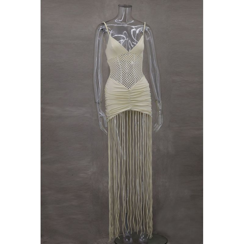 

2025 Spring/Summer Sling V-neck Low Cut Mesh Waist-Exposed Sexy Miumiu Bag Hip Tassel Dress Mop Long dress Image color L