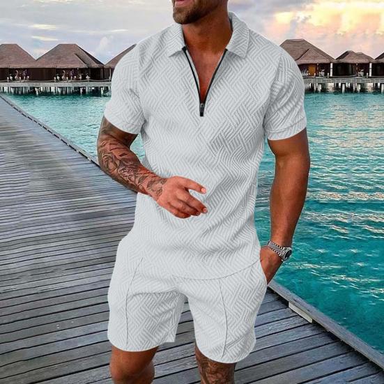 2 Pcs/Set Men Shirt Shorts Set Zip Neckline Lapel Solid Color Short Sleeves