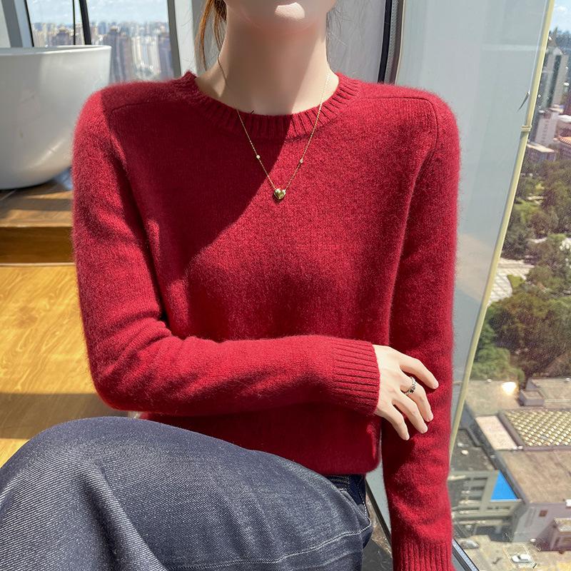Women's Genuine Cashmere Seven-Gauge Thick Saddle Shoulder Round Neck Loose Solid Color Knit Sweater Base Layer