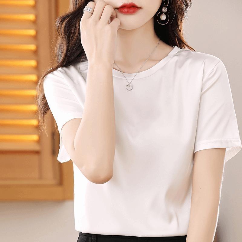 T-shirt estiva da donna in raso acetato girocollo manica corta seta di gelso tinta unita girocollo allentato mezza manica semplice seta liscia