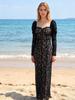 European Black Lace Long Sleeve Formal Dress with French Puff Sleeves, Square Neck, Cut-out Detail, and Slim Fit Mermaid Skirt