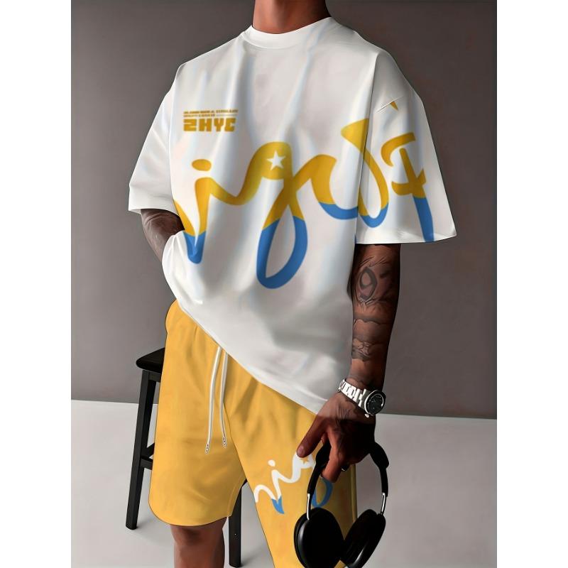 Men's Casual Short Sleeve + Shorts Set, 2 Piece Men's Printed Crew Neck Short Sleeve and Shorts Set, Summer Graphic T-shirt Streetwear, Trendy Design