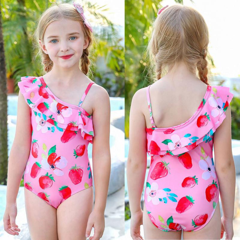 5-12 Years Kids Girls One Shoulder One-piece Swimsuit Summer Ruffle Triangle Swimsuit