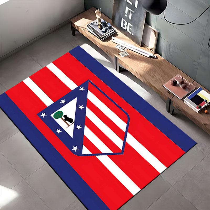 Red-Blue Striped Carpet with Emblem Suitable As a Non-slip Mat for the Living Room or Bedroom Sofa