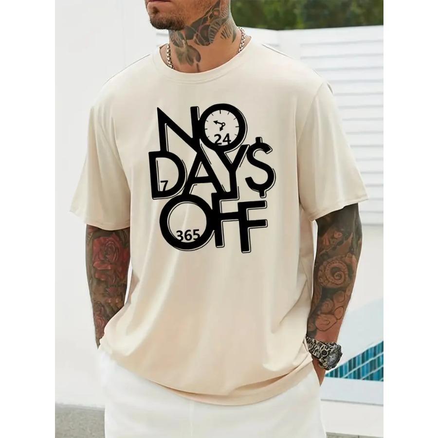 Vibrant NO DAYS OFF Graphic Tee - Crew Neck, Slight Stretch Polyester, Patterned Alphabets Print, Regular Fit Summer Casual Wear for Adult Men