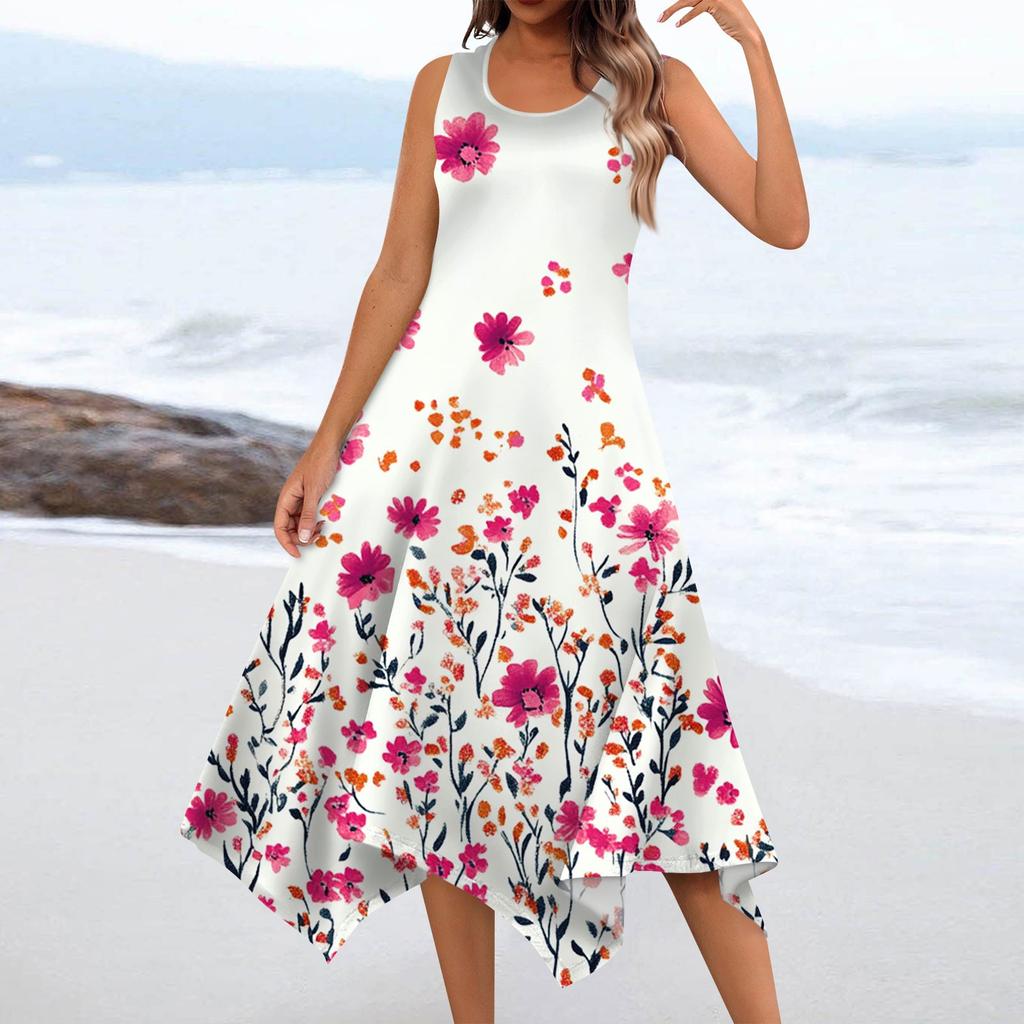 Women's Casual Fashion Round Neck Sleeveless Floral Print Irregular Hem Midi Dress