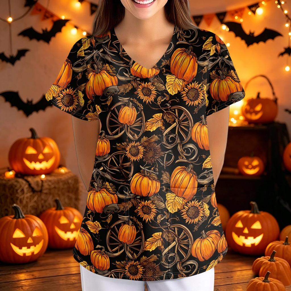 Women Halloween Print Loose V Neck Short Sleeve Medical Scrub Top with Pockets Nurse Uniform Work Shirt for Healthcare Professionals