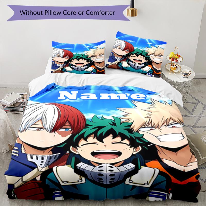 3pcs Custom Name My Hero Academia Bedding Set Duvet Cover Closure Includes 1 Duvet Cover & 2 Pillowcases, Soft and Comfortable for All Seasons.