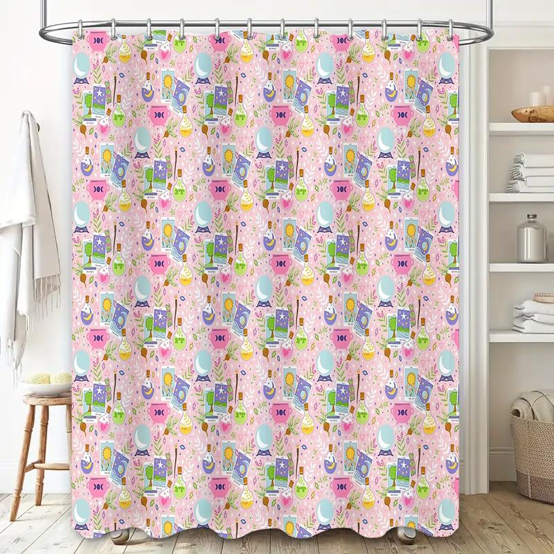Cute Cat Pattern Shower Curtain Woodland Animal Forest Bathroom Decor Set Waterproof Fabric