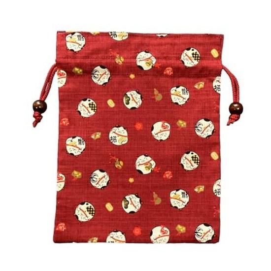 Kyosuke Made Japan Drawstring Bag Pouch Cat Approximately 24.519cm Cotton Wooden Beads Medium Lucky Charm Fukimaru Red