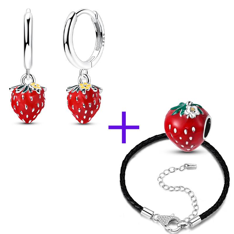 Original 925 Sterling Silver Cute Strawberry Bead Pendant Hoop Earrings Open Ring Leather Rope Bracelet For Women Jewelry Gift