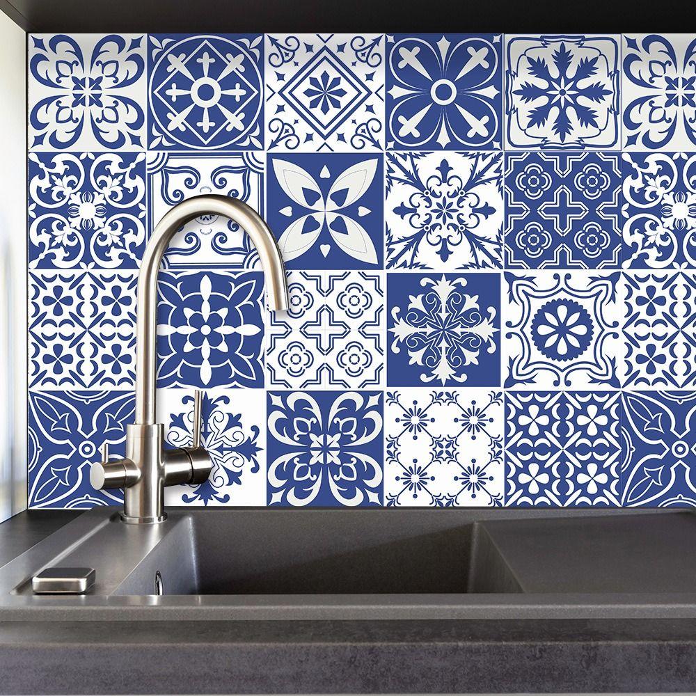 Blau-Weiße Keramikfliesen Wandaufkleber Wasserdicht Dekorativer Wandsticker Badezimmer