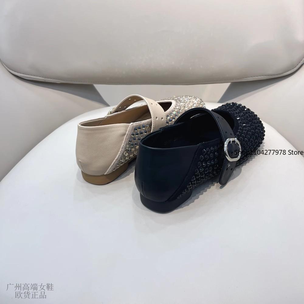 Fashion Women Flat Shoes Vulcanize Designer Loafers Diamond Rivet Mary Jane Shoes Woman Studded Crystal Women Flats Ballet Lolita Shoes