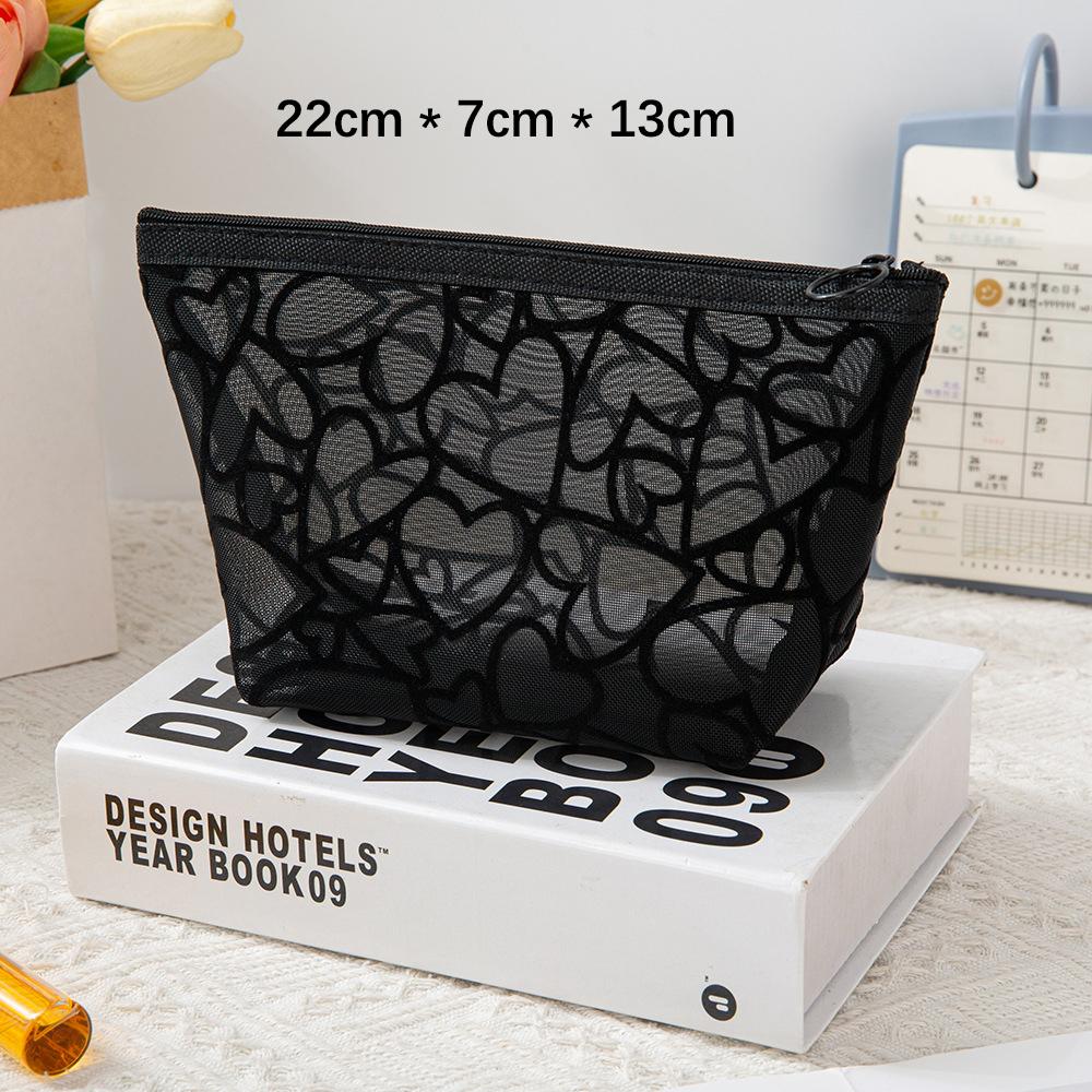 Heart-Shaped Pattern Nylon Mesh Cosmetic Bag Portable Toiletry Makeup Organizer for Women Outdoor Travel Cosmetic Storage