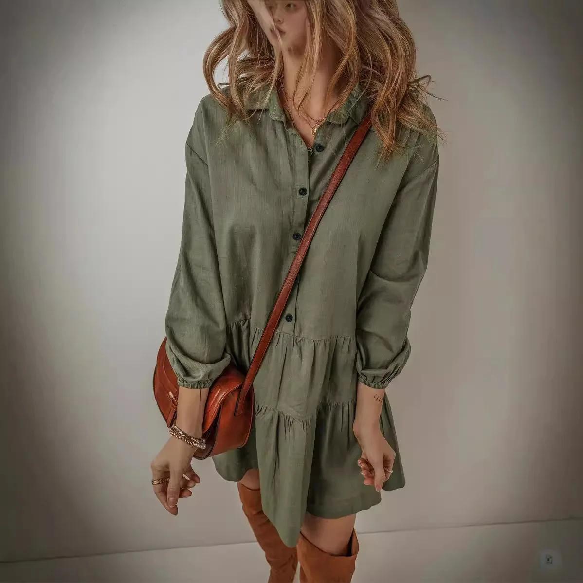 

Модное женское платье повседневное свободное платье с длинным рукавом и оборками в стиле пэчворк элегантное осеннее однотонное короткое платье XL зелёный