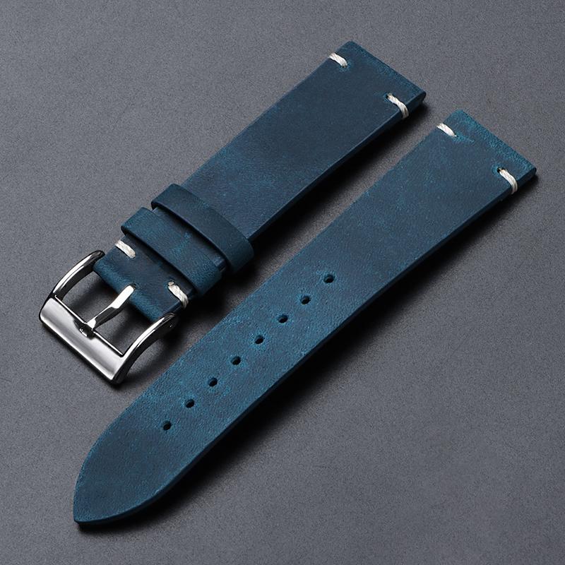 

Винтажный кожаный ремешок для часов из вощеной кожи для Omega для Seiko 18 мм 20 мм 21 мм 22 мм Ручная прошивка Ремешок из воловьей кожи Браслет для смарт-часов 18mm синий