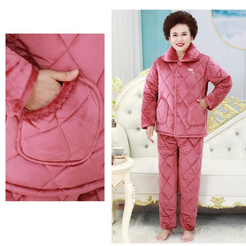 Mother Quilted Pajamas Three-layer Thick Coral Fleece Home Service Women's Plus Size Pajamas Set