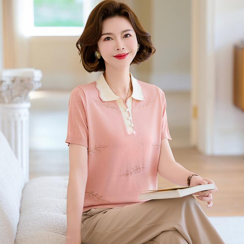 Middle-Aged Women's Embroidered Ice Silk Knit Short Sleeve Top