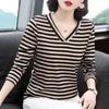Korean All-match Striped Slim T-shirt Female Clothing Casual V-Neck Spliced Spring Autumn New Commute Long Sleeve Pullovers
