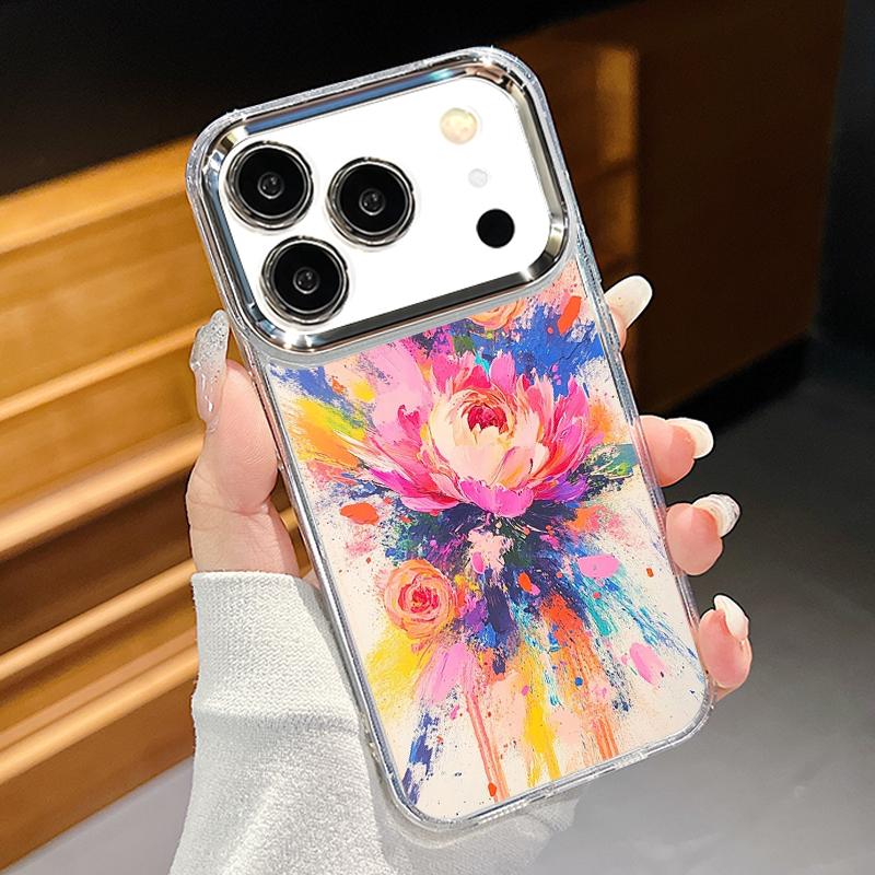 Oil Painting Flower Case For iPhone 17 Pro Max iPhone 16 15 14 13 Pro Max 11 17e 16e Plating Lens Frame Clear Soft Silicone Back Cover
