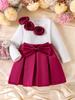 INS New Arrivals: European & American Off-white Long-sleeved Top + Red Skirt Set for Girls