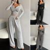 Damen 2-teiliges Loungewear-Set Langarm Knopfleiste Crop-Top Weite Hosen