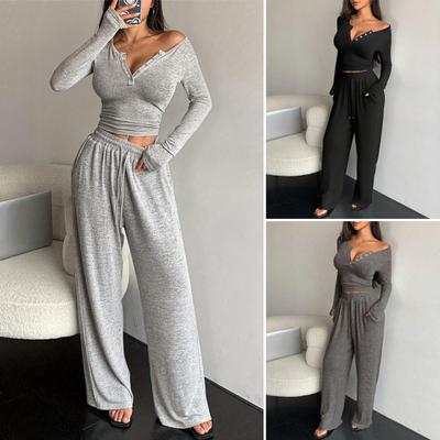 Dames 2-delige Loungesets Lange Mouwen Knopen Crop Top Wijde Pijpen Broek Bijpassende Outfit Casual Herfst Lente Trainingspakken