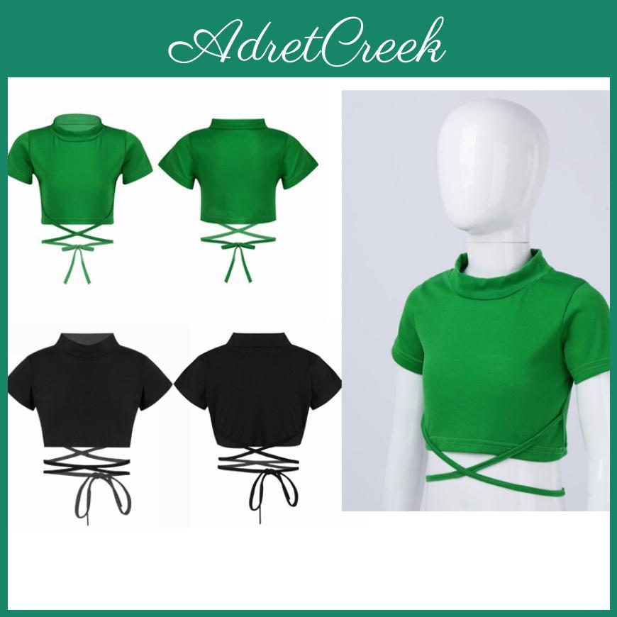 Kids Cotton Neck Girls Round Tank Tops Short Sleeve Jazz Dance Stage Performance Costume Sport Crop Top Sash Tie Cross Waist