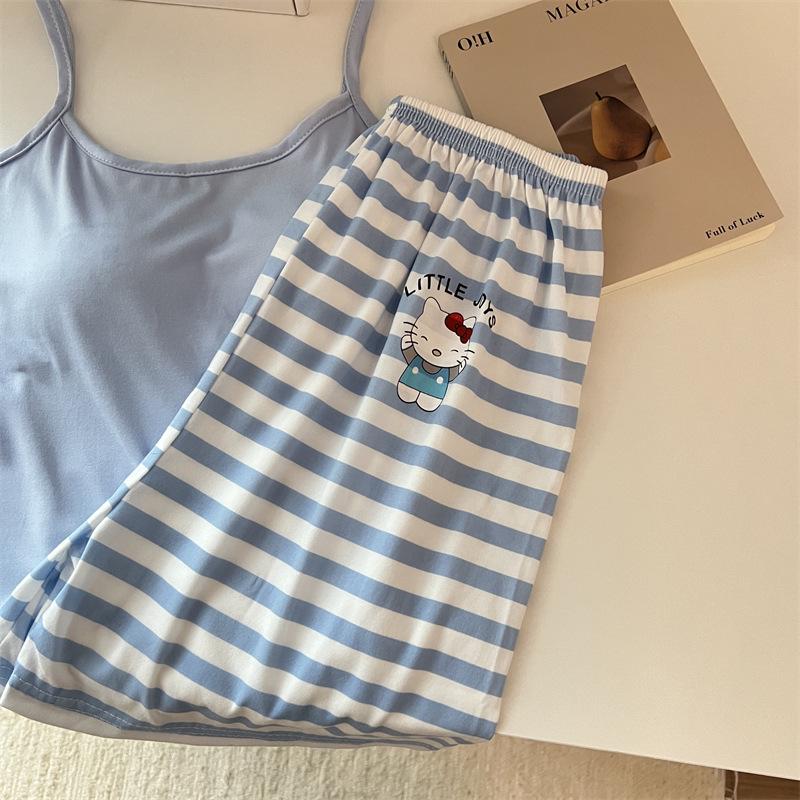 Cute Korean Style Women's Short-Sleeved Camisole Pajama Set with Chest Pads, Imitation Cotton