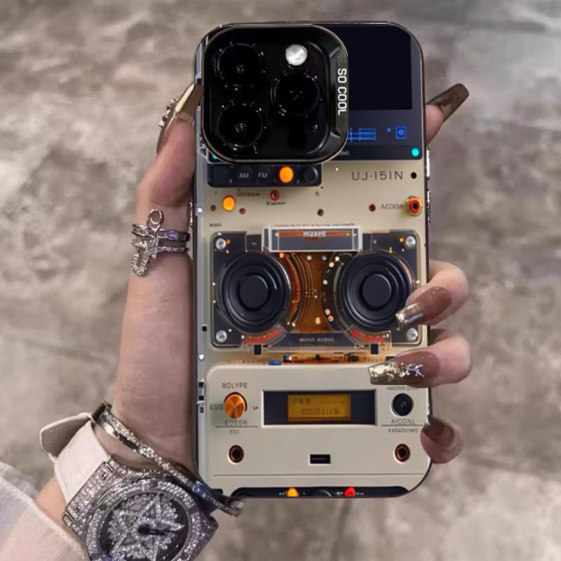 

Retro Record Player Electroplate Silver IMD Phone Case For iPhone 16 Pro Max 15 14 13 12 11 Pro 16E 7 8 Plus X XS XR SE Cover iPhone 12 Pro