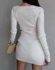 White Long Sleeve Knitted Mini Dress V-Neck Ribbed Bodycon Sweater Dress Elegant Short Autumn Winter Dresses Women