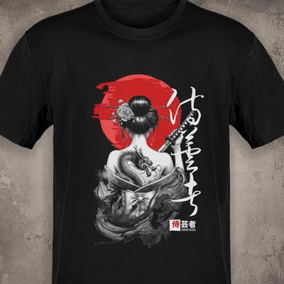 Geisha Samurai Graphic T-Shirt, Japanese Red Sun Tee, Dragon Tattoo Shirt