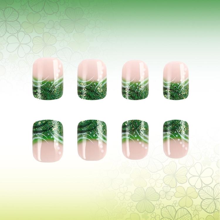 24 Pcs Glossy Stick on Nail Saint Patricks Day False Nail French Tip Press On Nail Shamrocks Artificial Nail