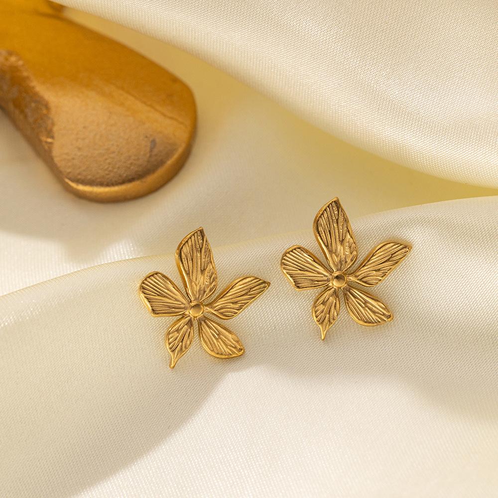Trendy Golden Flower Stud Earrings Stainless Steel Metal Jewelry Simple Texture Floral Earrings Gifts for Women Waterproof