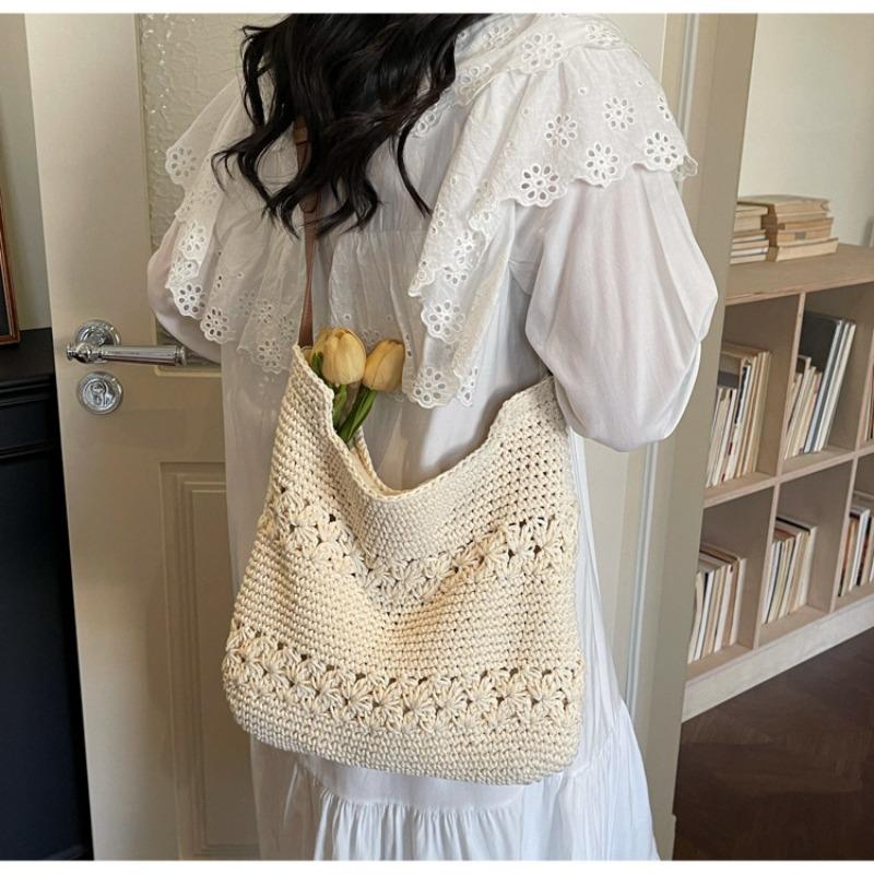 Women's 2026 New Korean Knit Woven Large Capacity Bag Minimalist Vacation Beach Casual Single Shoulder Tote