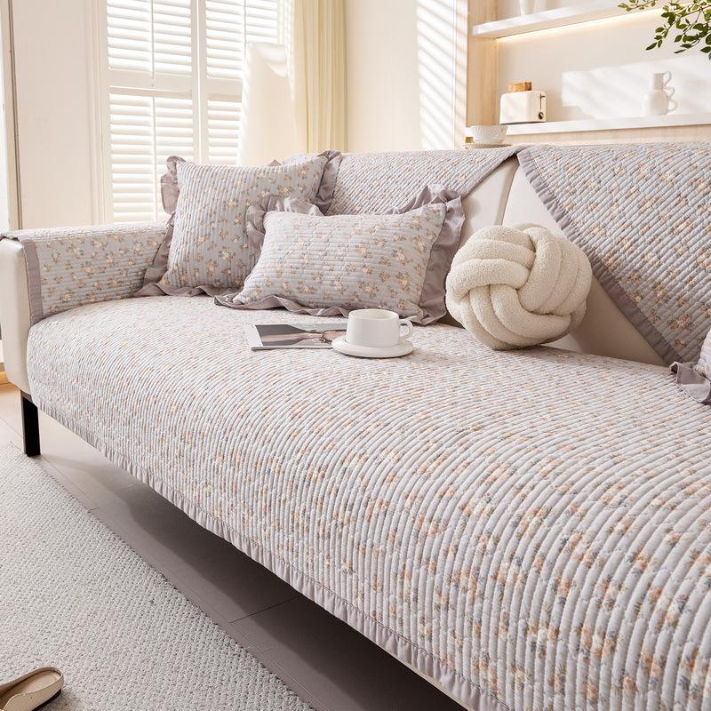 Quilted Washed Cotton Sofa Cushion Korean Small Fresh Fabric Non-slip Solid Wood Sofa Cover  New Seat Cushion