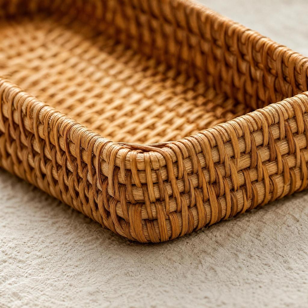 Natural Rectangular Woven Rattan-Style Storage Tray Sleek Open-Top