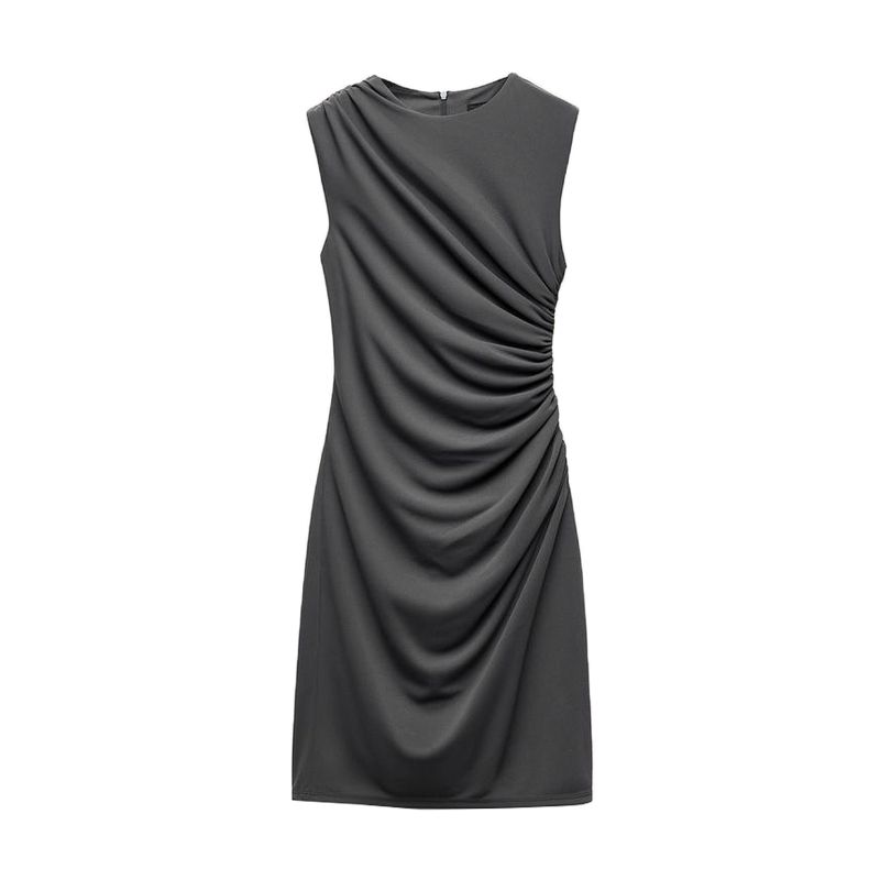 Spring New Women's Clothing French Ruched Silm round Neck Short Sleeveless Dress 3067220 4772350