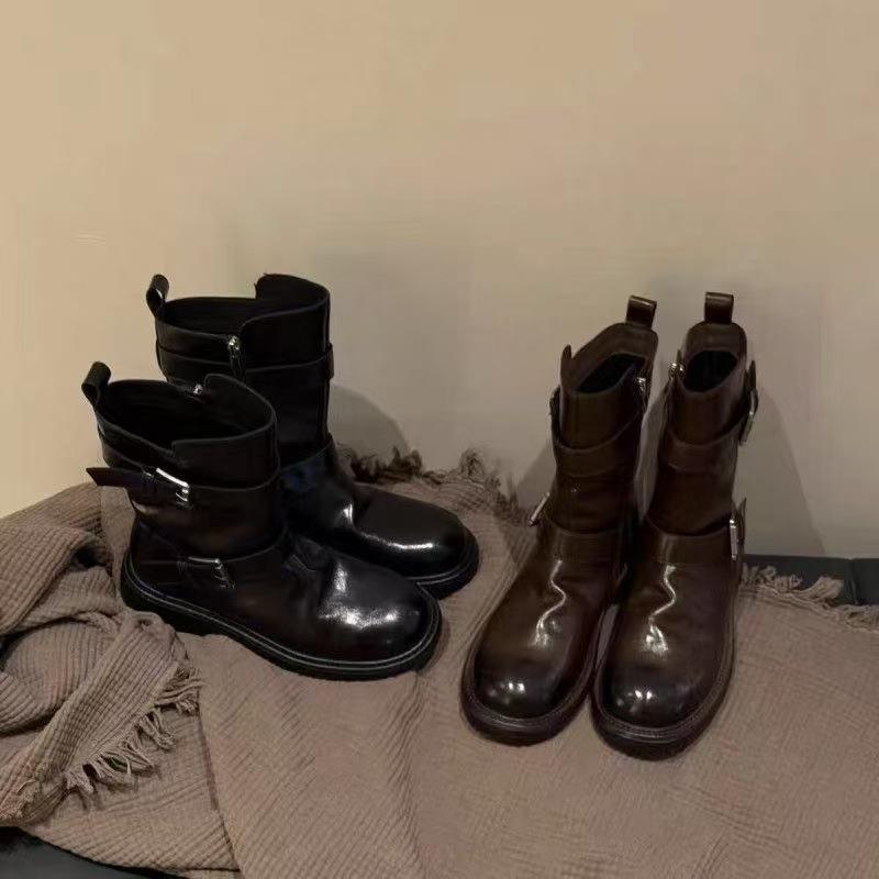 Mom Washed Shrinkage Pleated Belt Buckle Zipper Year Thick Bottom Skinny Short Boots Martin Boots