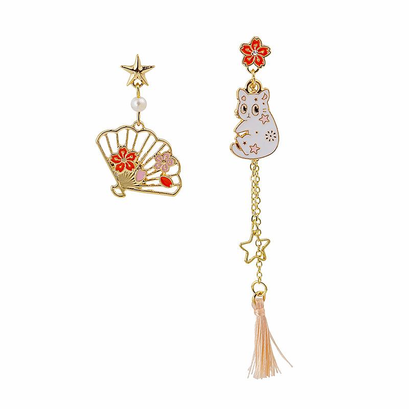 Fashion Cartoon Long Asymmetrical Color Matching Flower Cat Fox Fan Stud Earrings Childlike Playful Earrings Woman