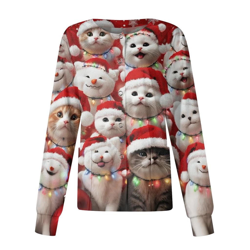 Women's Christmas-printed Casual Long-sleeved Single-breasted Work Uniform Cardigan