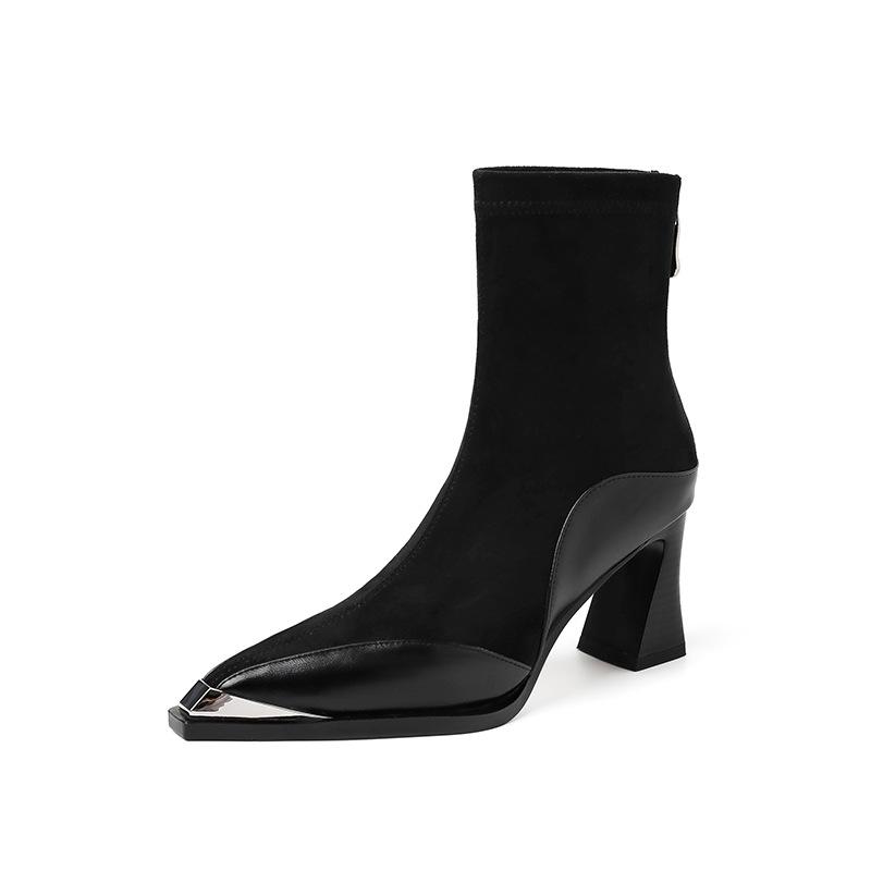 7.5CM French Elegant Elastic Thin Boots 2025 Autumn and Winter New Pointed Thick Heel Zipper Temperament Small Short Boots