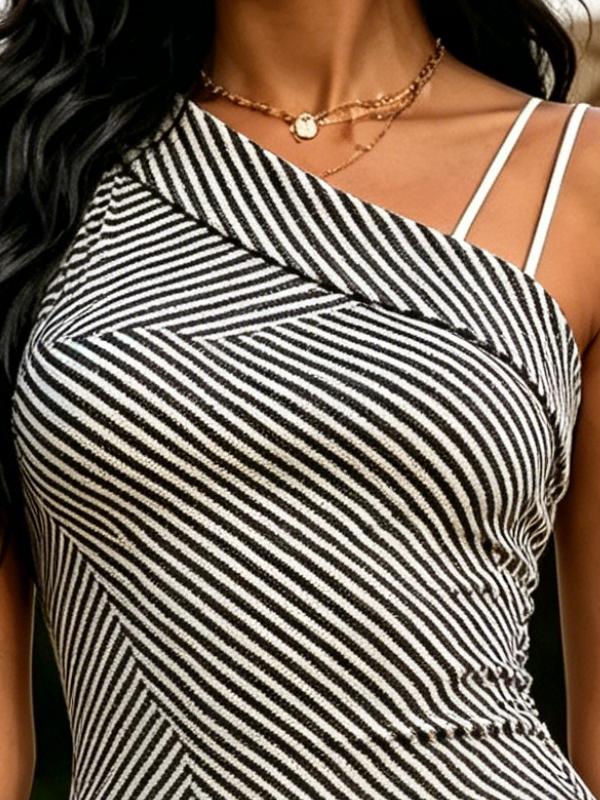 Summer Women's One Shoulder Midi Dress Diagonal Stripe Print Black White Bodycon Sundress