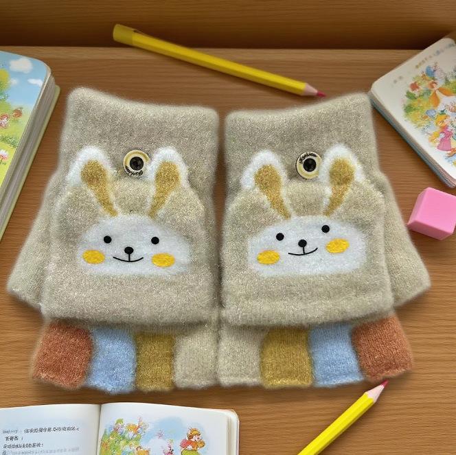 Customized Autumn Boys and Girls Flip Cover Half Finger Dew Finger Students Write Homework Warm Plush Writing Gloves Winter